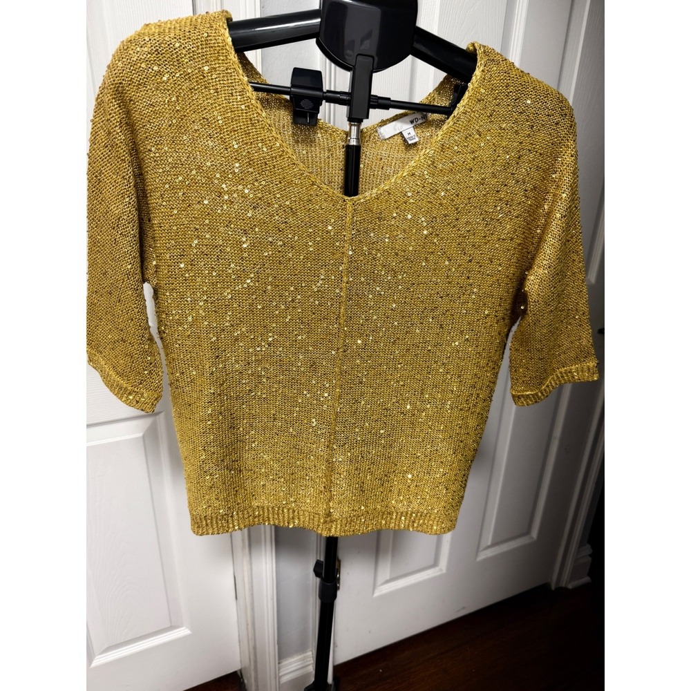 WD + NY Metallic Knit Small Gold Sequined Top Size Medium